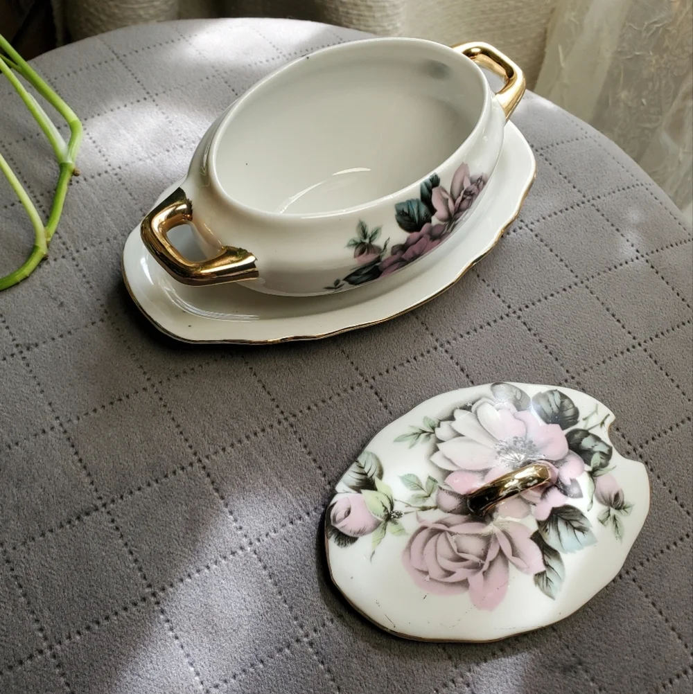 Floral Gravy Server with Gold Accents